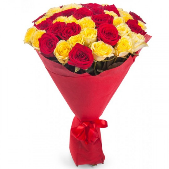 Dzeltenas un sarkanas rozes 50 cm (izvelies rožu daudzumu)