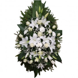 White funeral wreath (roses, lilies, carnations)
