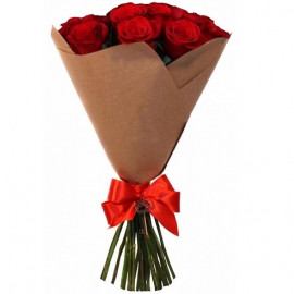 9 красных роз 50 cм в крафт-бумаге