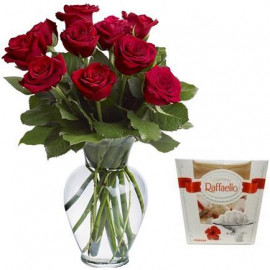 Красные розы 50 см и Рафаэлло (выберите количество цветов)