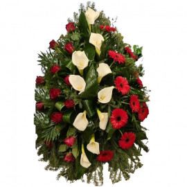 Red and white funeral wreath of gerberas, calla lilies and roses