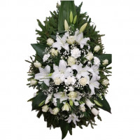 White funeral wreath (roses, lilies, carnations)