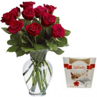 Red roses 50 cm and Rafaello (select the number of flowers)